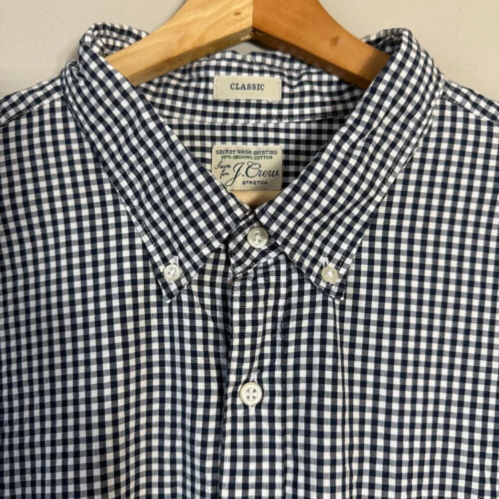 J.Crew Stretch Organic Cotton Gingham Button Down Shirt Men's 3XL Navy White